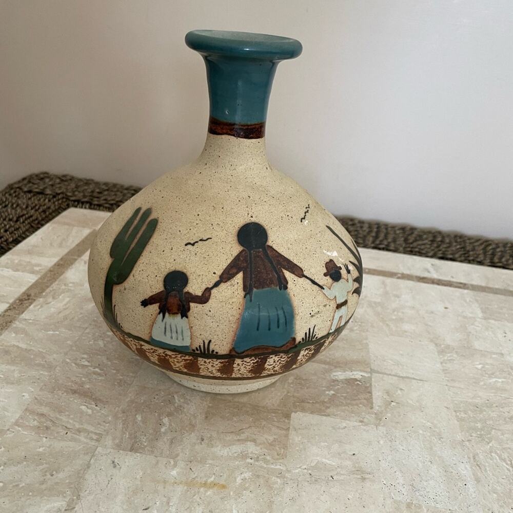 Cream and Green Ceramic Art Vase with Minimalist Design